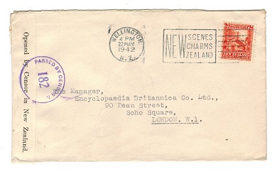 NEW ZEALAND - 1942 censor cover to UK with PASSED BY CENSOR 182 h/s in violet.
