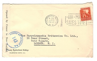 NEW ZEALAND - 1942 censor cover to UK with PASSED BY CENSOR 143 h/s in blue.
