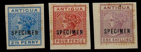 ANTIGUA - 1884 2 1/2d, 4d, 1/- adhesives on pieces overprinted SPECIMEN.