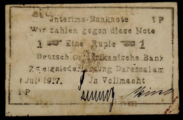 TANGANYIKA - 1917 1r EMERGENCY BANKNOTE.