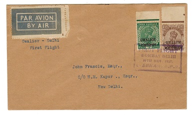 INDIA - 1937 BOMBAY-DELHI first flight cover from GWALIOR.