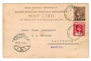 BRITISH HONDURAS - 1890 3c on 5c PSC uprated with 2c adhesive to Austria.  H&G 4.
