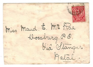 ZULULAND - 1914 Inward cover from GB with 1d 