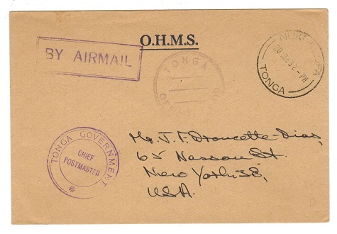 TONGA - 1963 OHMS stampless cover to USA used at NUKUALOFA.