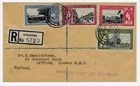 JAMAICA - 1955 registered MAILED OUT OF COURSE cover to UK.
