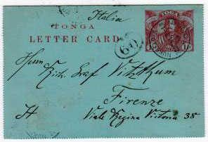 TONGA - 1910 1 1/2d PS LETTER CARD to Italy from NUKUALOFA.  H&G 1.