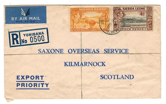 SIERRA LEONE - 1955 1/7d rate registered cover to UK used at YONIBANA.