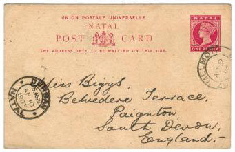 ZULULAND - 1902 1d PSC of Natal addressed to UK used from MELMOTH.