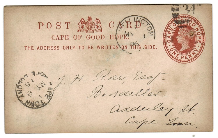 CAPE OF GOOD HOPE - 1882 1d brown PSC used at WELLINGTON.  H&G 2.