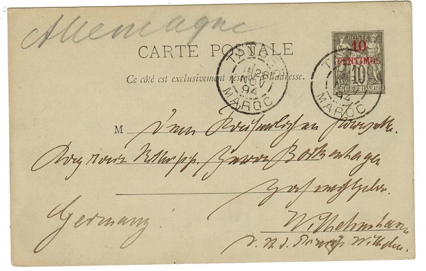 MOROCCO AGENCIES - 1893 10c red on 10c PSC to Germany used at TANGIER.  H&G 1.