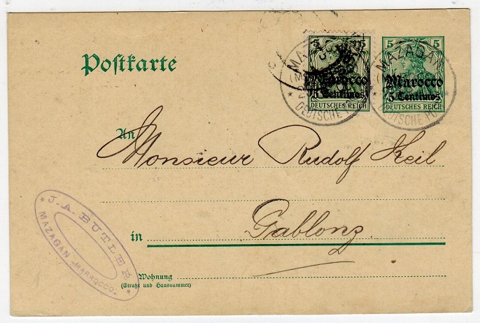 MOROCCO AGENCIES - 1906 use of uprated 5pfg green PSC used from MAZAGAN.  