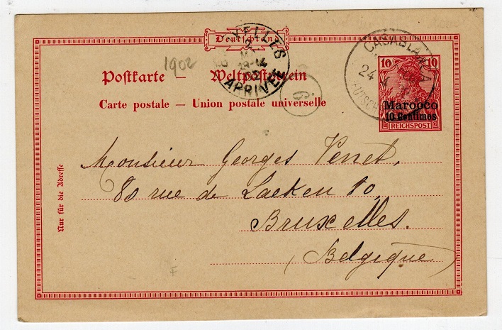 MOROCCO AGENCIES - 1902 use of 10pfg PSC to Belgium used at CASABLANCA.