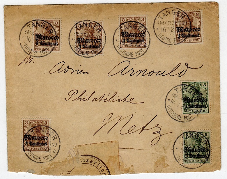 MOROCCO AGENCIES - 1906 cover to Metz with 3pfg(x5)+5pfg(x2) adhesives from TANGIER.