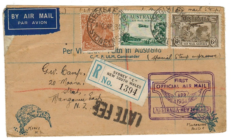 AUSTRALIA - 1934 registered first flight cover with LATE FEE h/s.