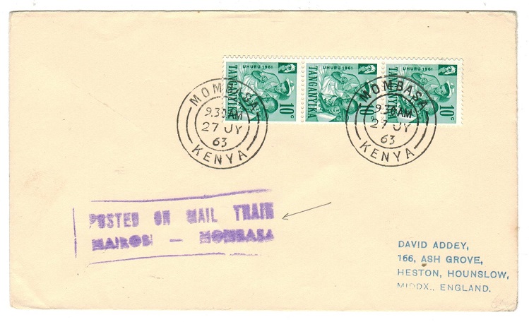 K.U.T. - 1963 POSTED ON MAIL TRAIN/NAIROBI-MOMBASA cover.