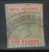 NATAL - 1886 5 green and red REVENUE with part MAGISTRATES cancel.