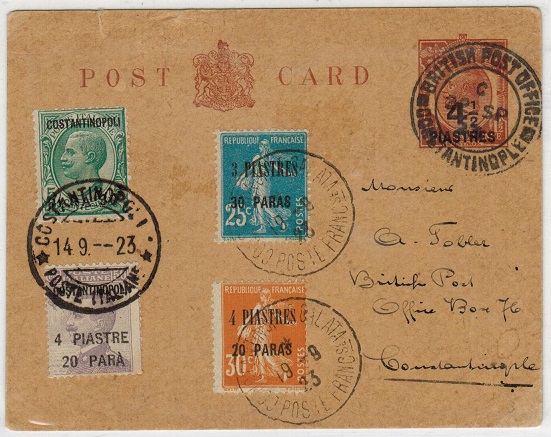 BRITISH LEVANT - 1920 4 1/2p on 1 1/2d PSC used locally with additional French/Italian office use.