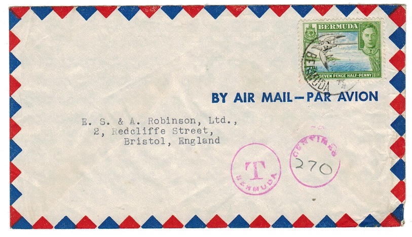 BERMUDA - 1944 cover to UK with BERMUDA/T- CENTIMES tax mark.