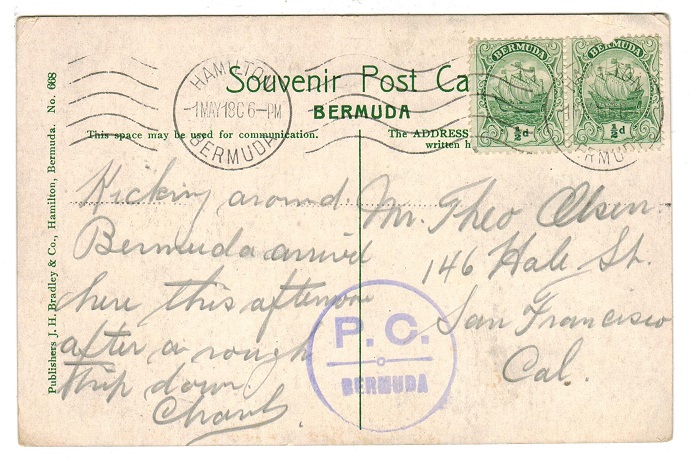 BERMUDA - 1918 postcard to USA from HAMILTON with P.C./BERMUDA censor mark.