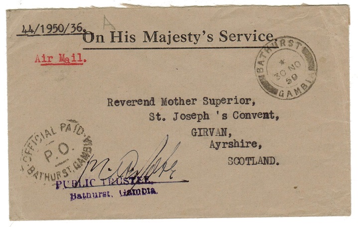 GAMBIA - 1950 OFFICIAL PAID/PO/BATHURST GAMBIA OHMS cover to UK.