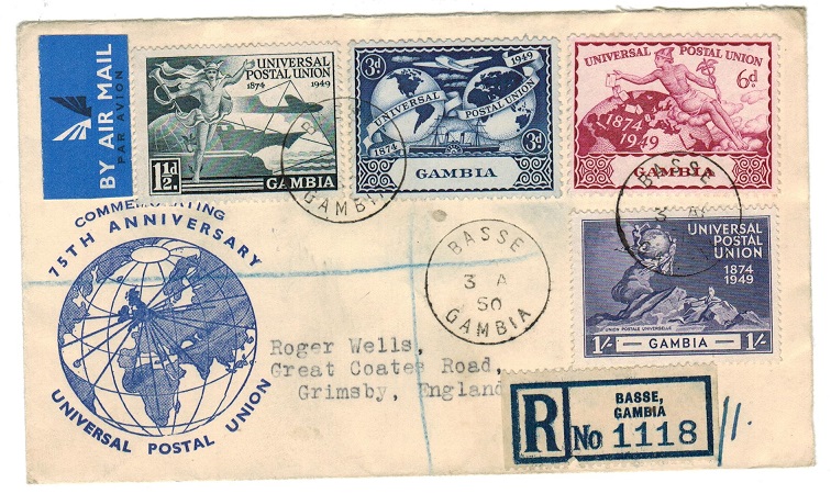 GAMBIA - 1950 registered illustrated UPU cover to UK used at BASSE.