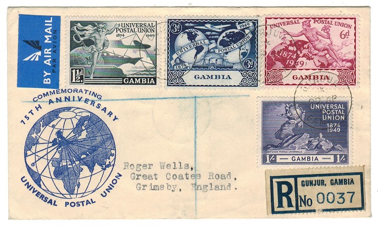 GAMBIA - 1950 registered illustrated UPU cover to UK used at GUNJUR.