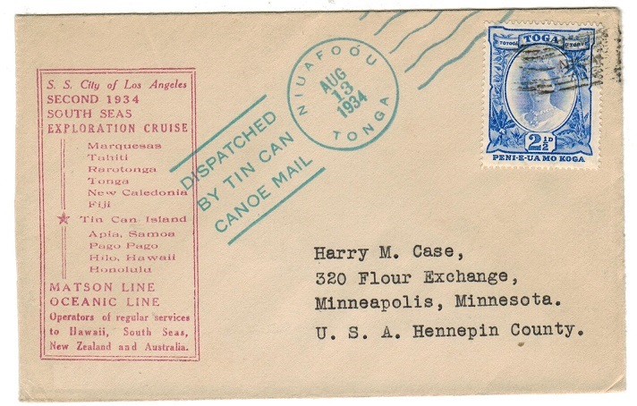 TONGA - 1934 S.S.CITY OF LOS ANGELES 2nd cruise maritime cover with 