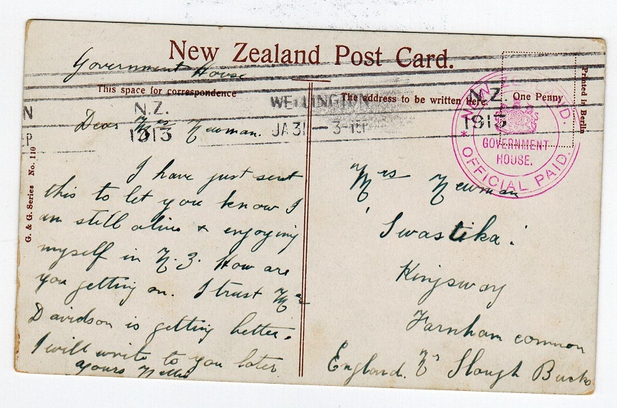 NEW ZEALAND - 1913 stampless postcard cancelled GOVERNMENT HOUSE/OFFICIAL PAID.