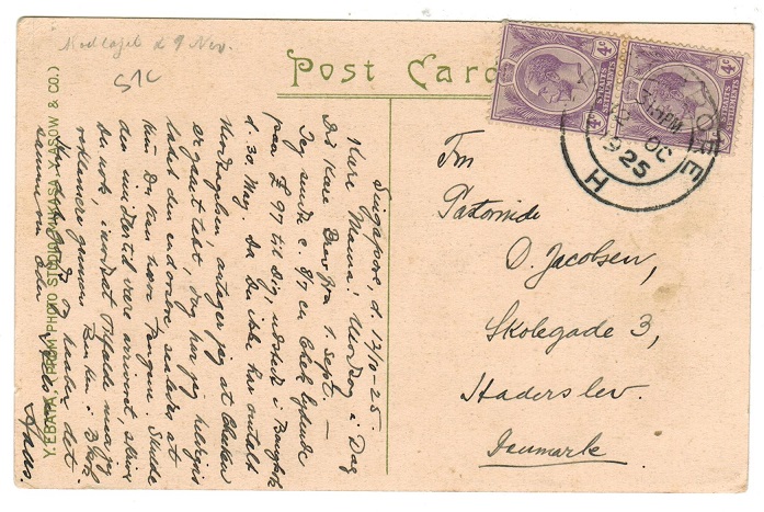 SINGAPORE - 1925 postcard to Denmark with 4c pair tied SINGAPORE/H.