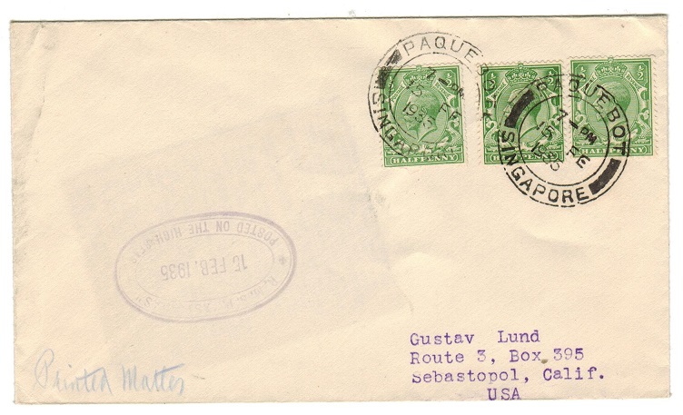 SINGAPORE - 1935 PAQUEBOT/SINGAPORE cover addressed to USA bearing 