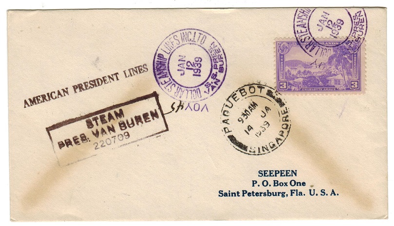SINGAPORE - 1939 PAQUEBOT/SINGAPORE cover addressed to USA.