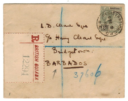 BRITISH GUIANA - 1915 registered cover to Barbados with 6c tied REGISTRATION BG.