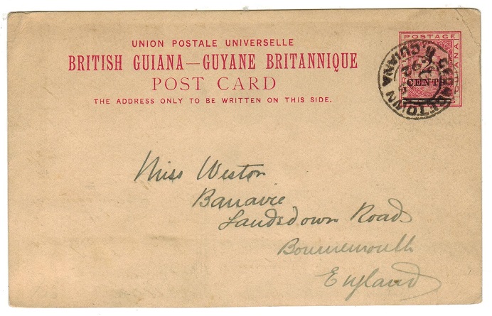 BRITISH GUIANA - 1892 2c black on 3c carmine rose PSC to UK used at GEORGETOWN.  H&G 6a.