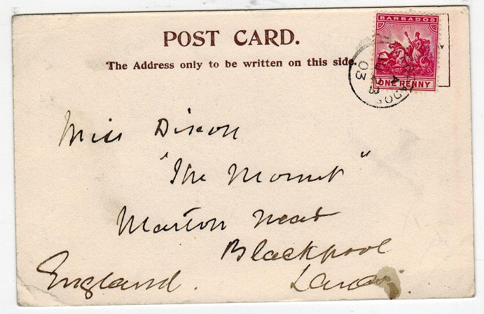 BARBADOS - 1903 postcard to UK at 1d rate.