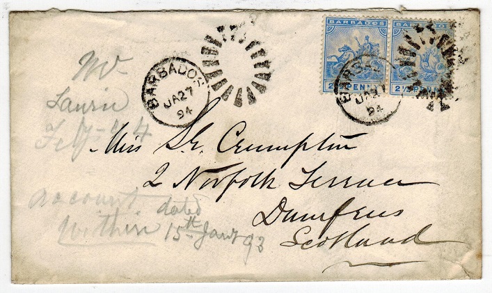 BARBADOS - 1894 5d rate cover to UK with BARBADOS 