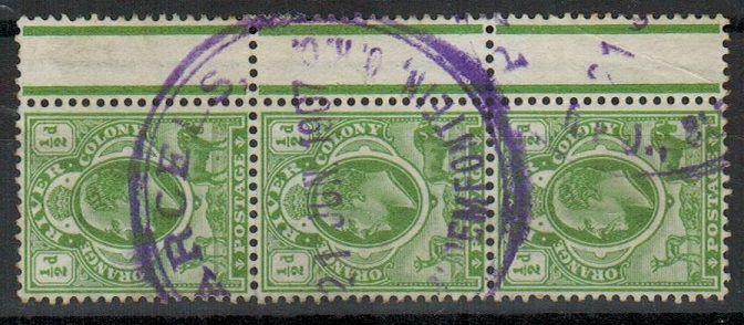 ORANGE RIVER COLONY - 1907 1/2d strip of three cancelled by violet PARCLE/BLOEMFONTEIN cds.