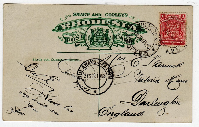 RHODESIA - 1908 postcard addressed to UK used at GATOOMA.
