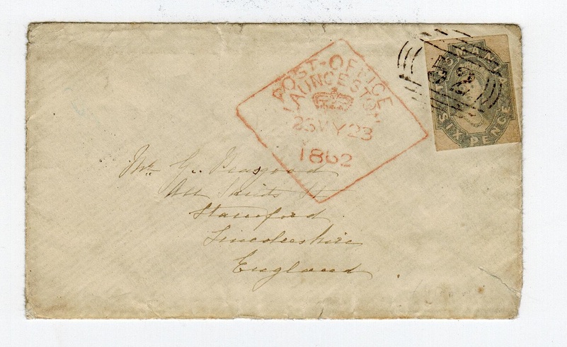 TASMANIA - 1862 6d on cover to UK with red POST OFFICE/LAUNCESTOR cancel.