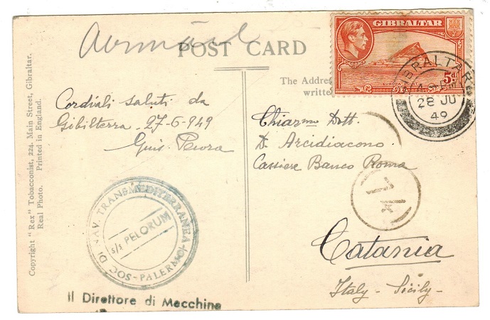 GIBRALTAR - 1949 S.S.PELORUM maritime use of picture postcard to Italy.