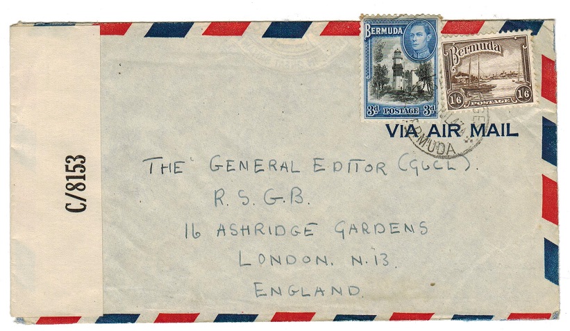 BERMUDA - 1943 1/9d rate cover to UK with 