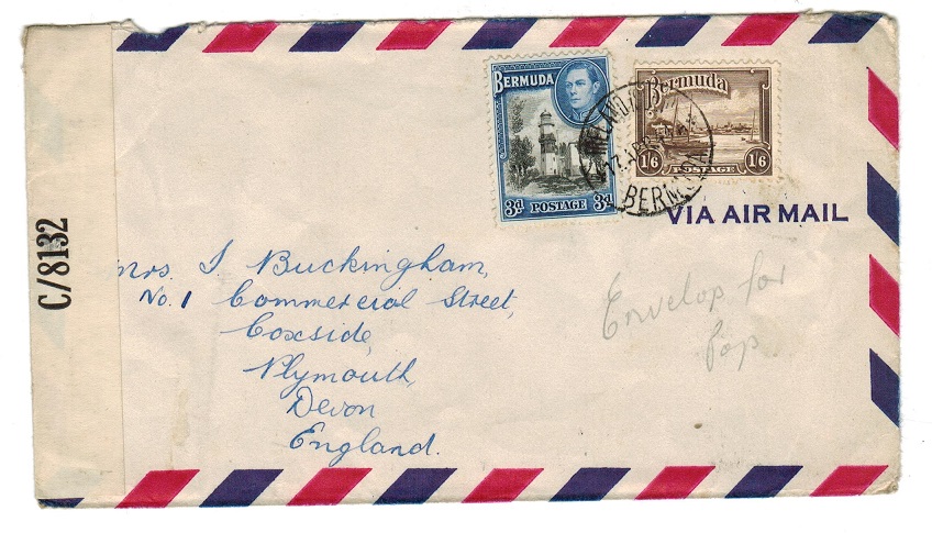 BERMUDA - 1944 1/9d rate cover to UK with 