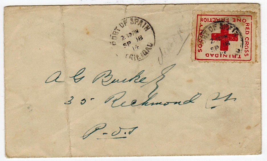 TRINIDAD AND TOBAGO - 1914 RED CROSS cover used locally. Officially sanctioned for one day only.