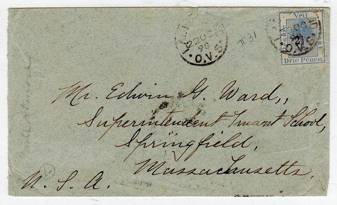 ORANGE FREE STATE - 1898 2 1/2d on 3d use on cover to USA used at LADYBRAND.