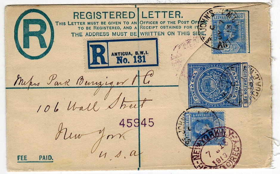 ANTIGUA - 1903 2d RPSE uprated with Leeward 2 1/2d (x2) to USA.  H&G 1.