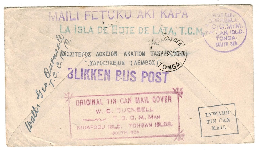 TONGA - 1936 inward TIN CAN MAIL cover from USA.