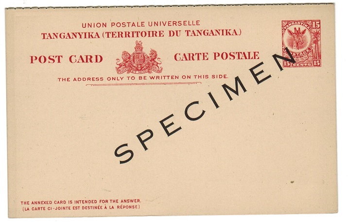 TANGANYIKA - 1923 15c+15c postal stationery reply postcard unused SPECIMEN.  H&G 2.