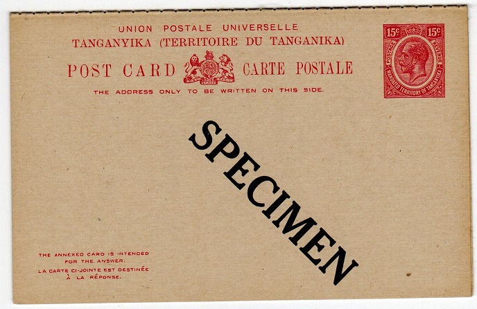 TANGANYIKA - 1927 15c+15c postal stationery reply postcard unused SPECIMEN.  H&G 4.
