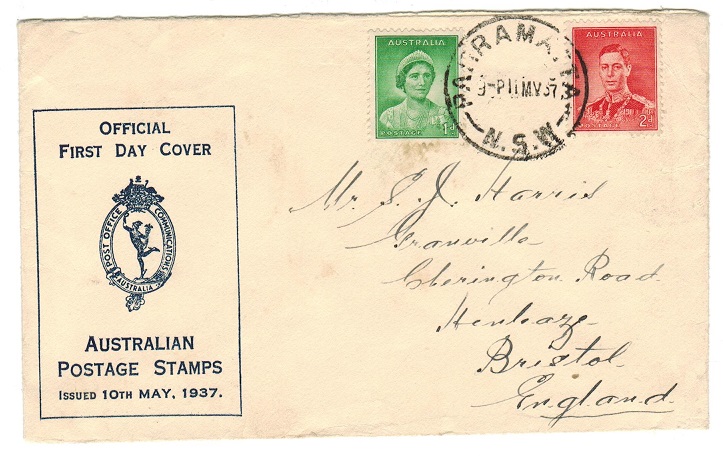 Australia - 1937 1d+2d first day cover to UK.