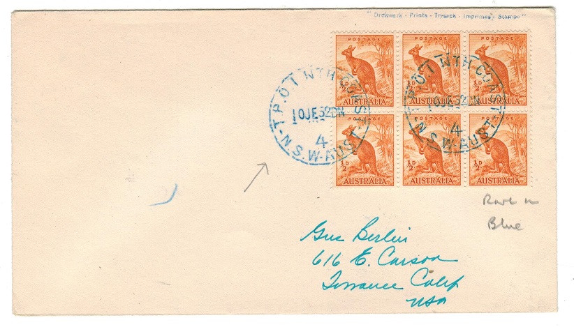 AUSTRALIA - 1952 cover to USA used at T.P.O.1/Nth COAST/NSW-AUST 4 in blue ink.