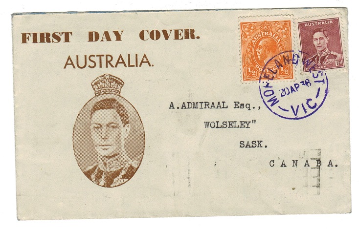 AUSTRALIA - 1938 1 1/2d  first day cover to Canada used at MORELAND WEST struck in violet ink.